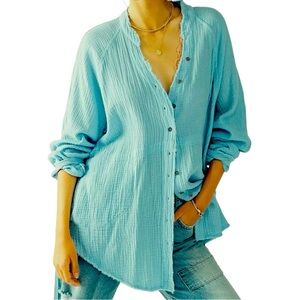 Turquoise Blue Cotton Gauze V-Neck Button Down Long Sleeve Shirt Mandarin Collar